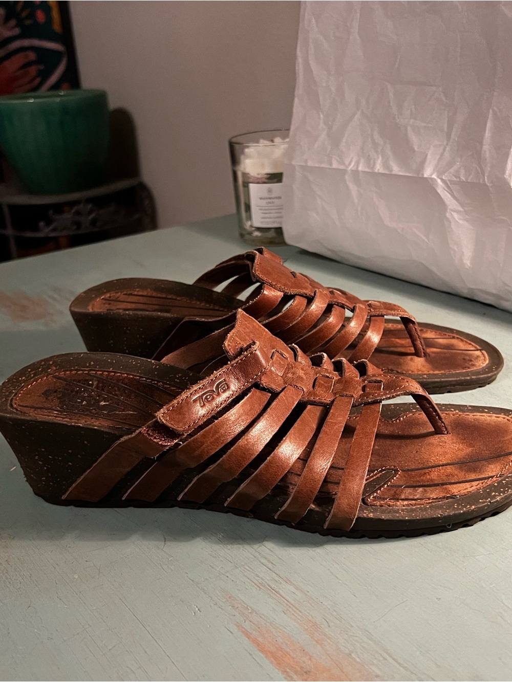 Teva Brown Leather Wedge Sandals with Strappy Upper